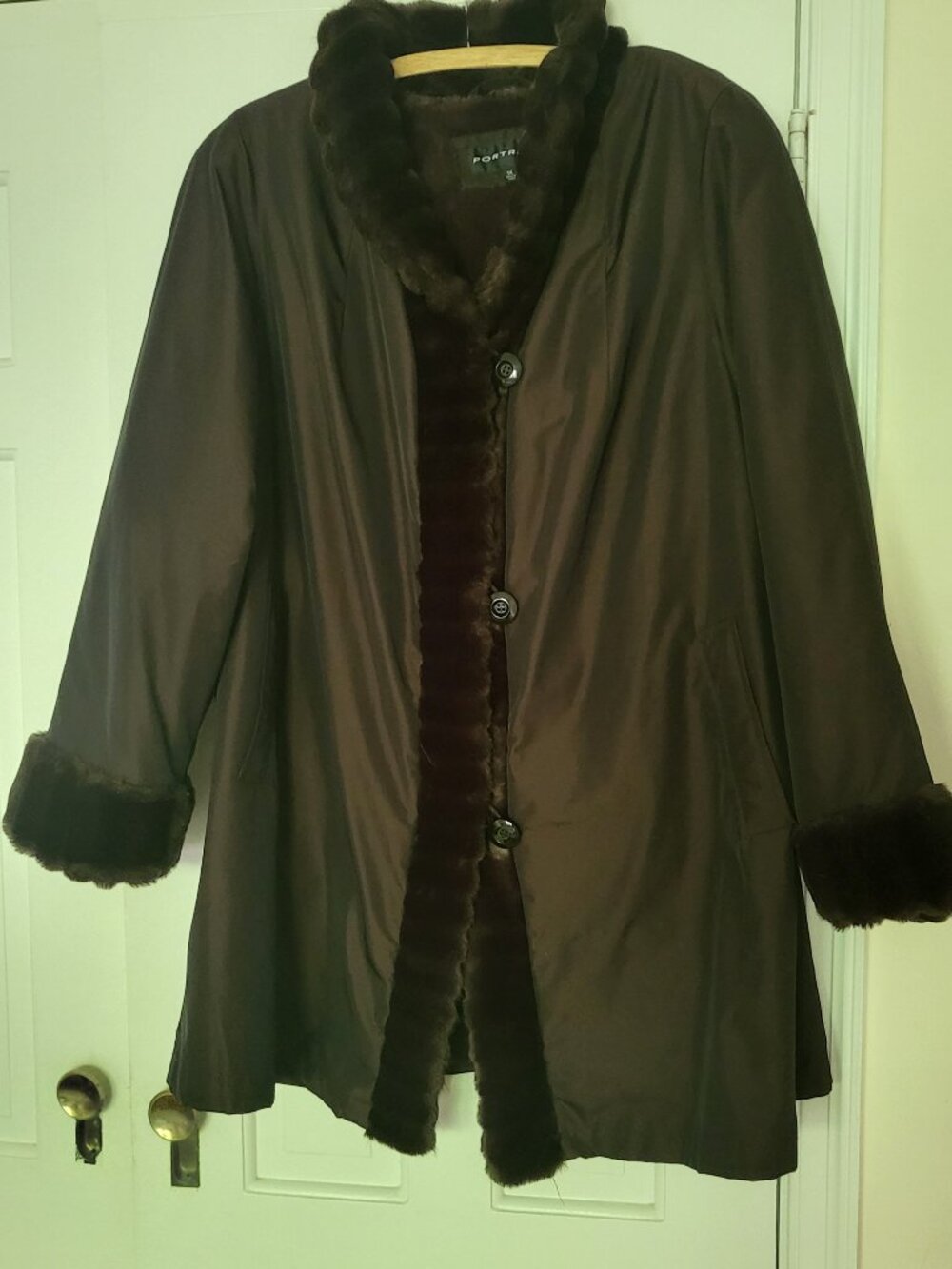 Women's Portrait Dark Brown liined Coat t Brown Faux Fur Trim